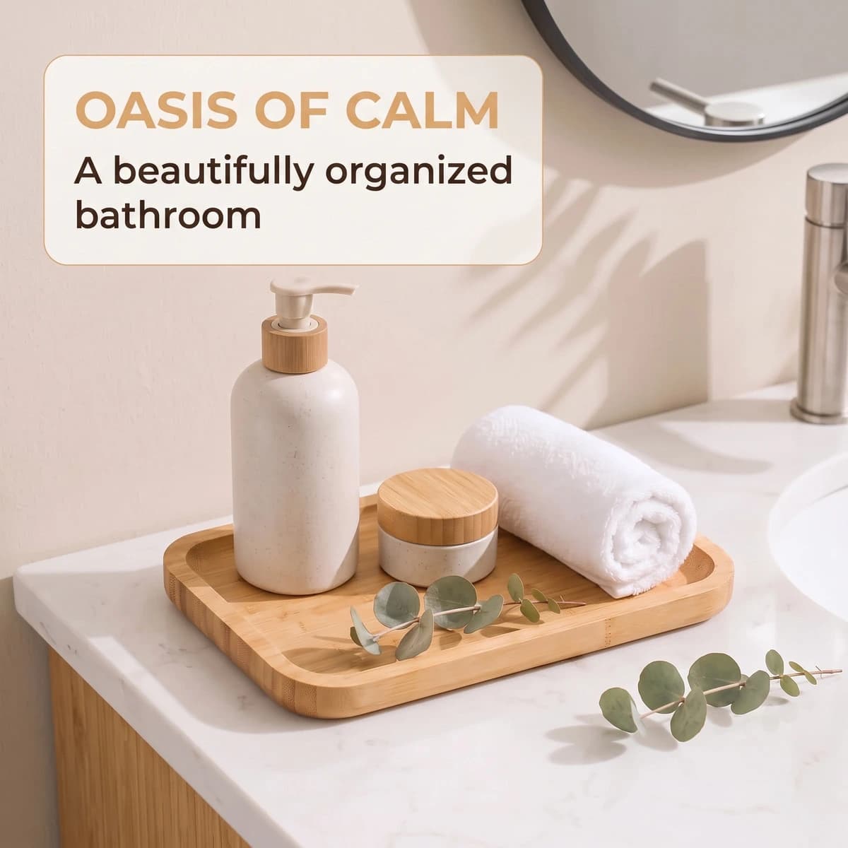Bamboo tray with bathroom accessories in a bright lifestyle scene